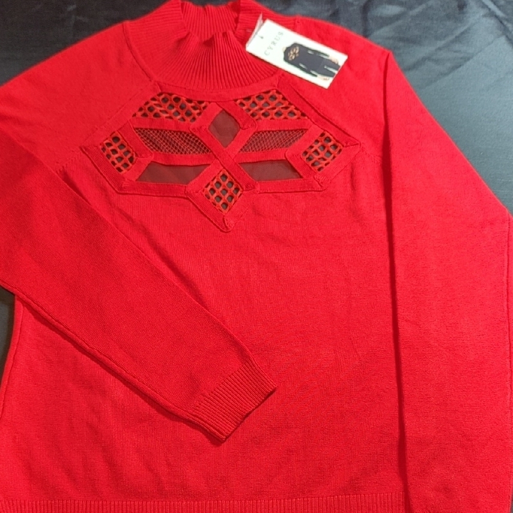 Cyrus Vibrant Red Knit Top with Mesh Accents - Picture 3 of 14